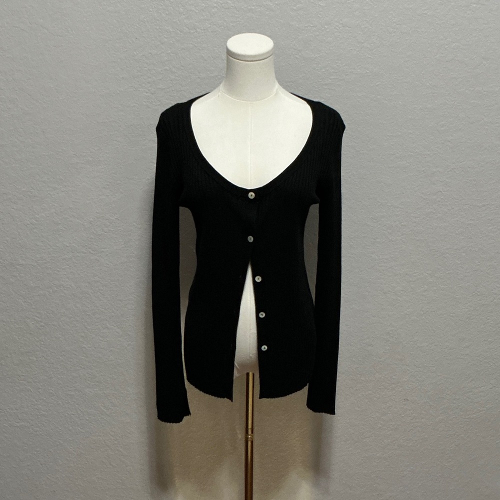 Zara Black Ribbed V-Neck Button-Front Sweater